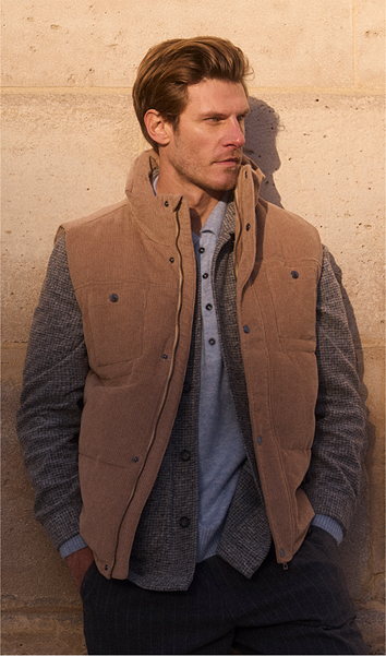 Layering Outfit Feiner Strickpullover, Overshirt und Steppweste