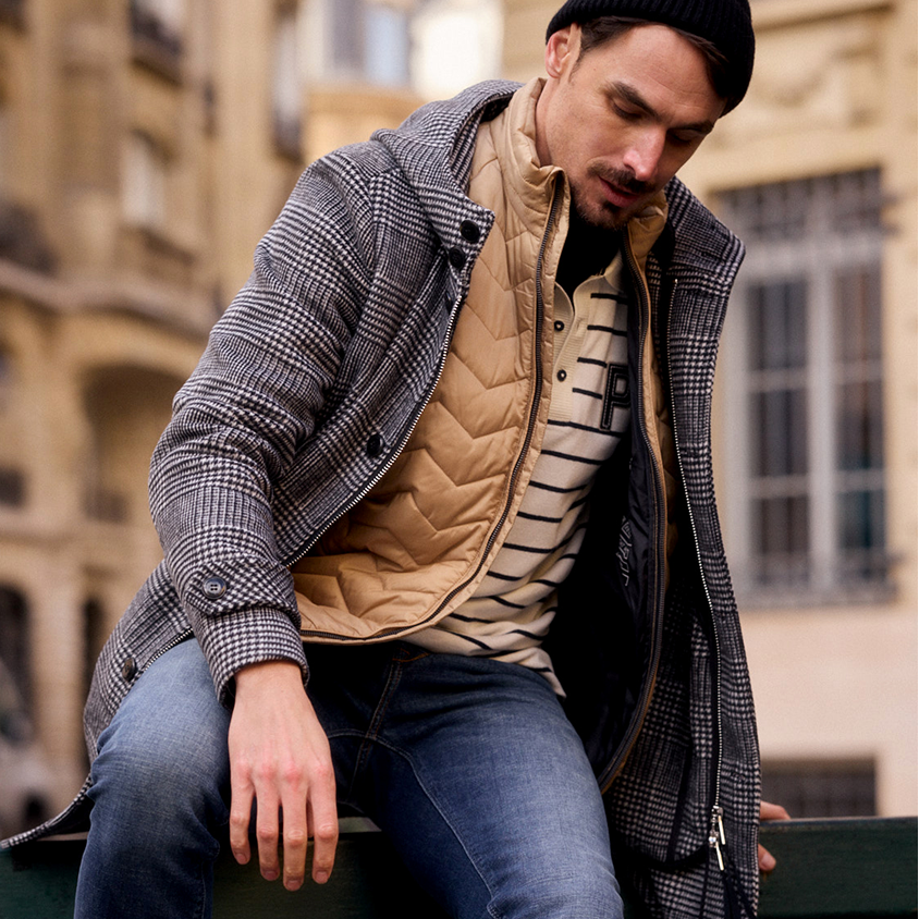 Autumn Look Parisian outfit with striped shirt, vest and classic coat