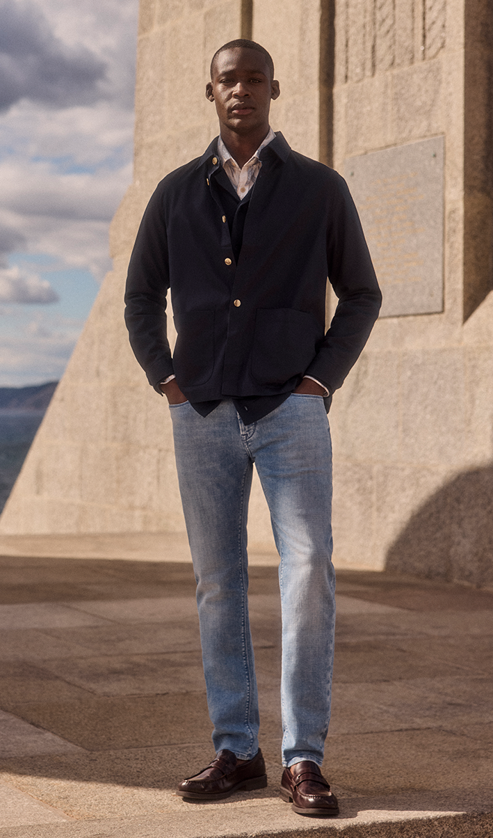 Pants Man in jeans at the harbour