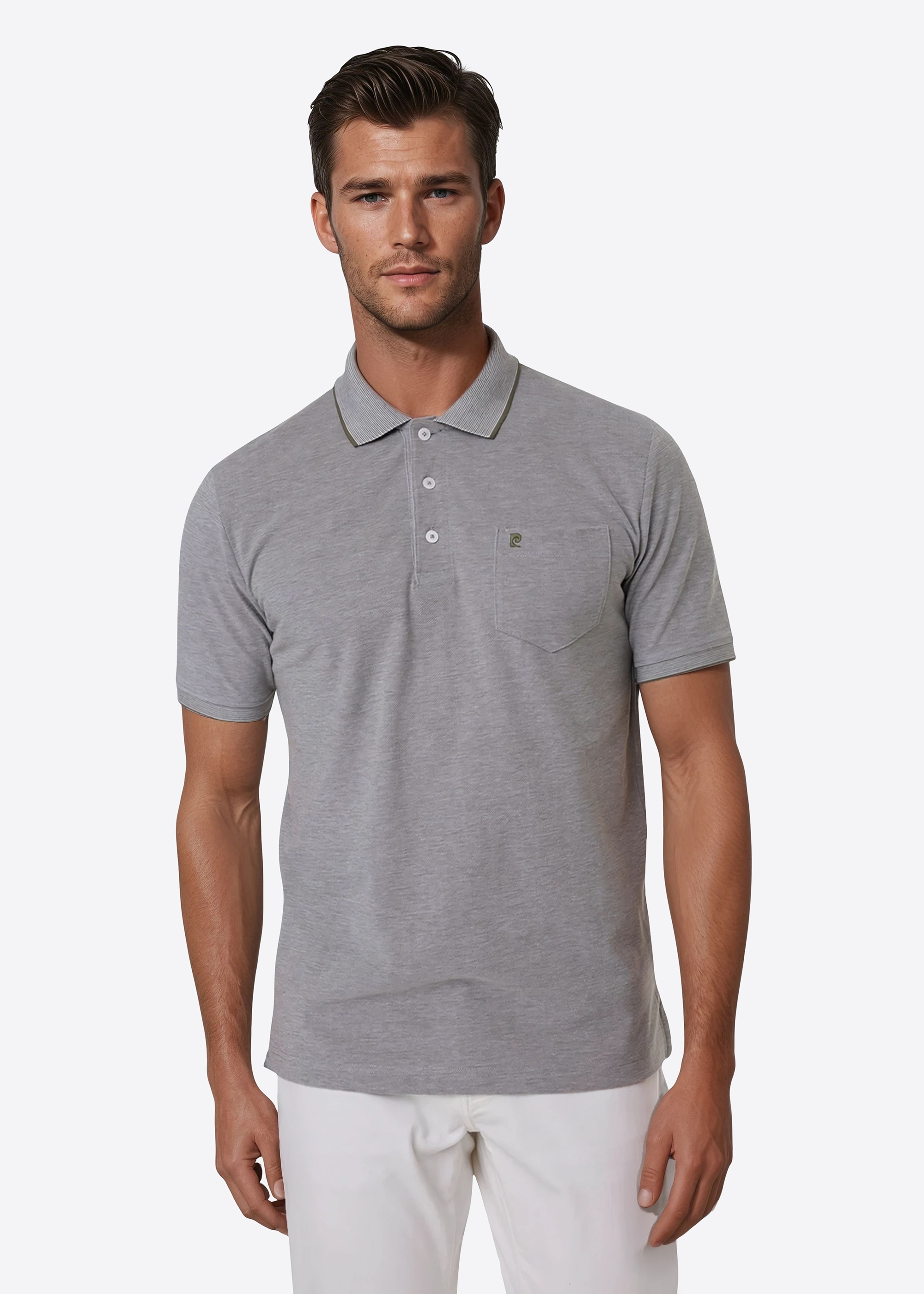 Polo-Shirt mit klassischem Polo-Kragen, Dusty Olive Frontansicht