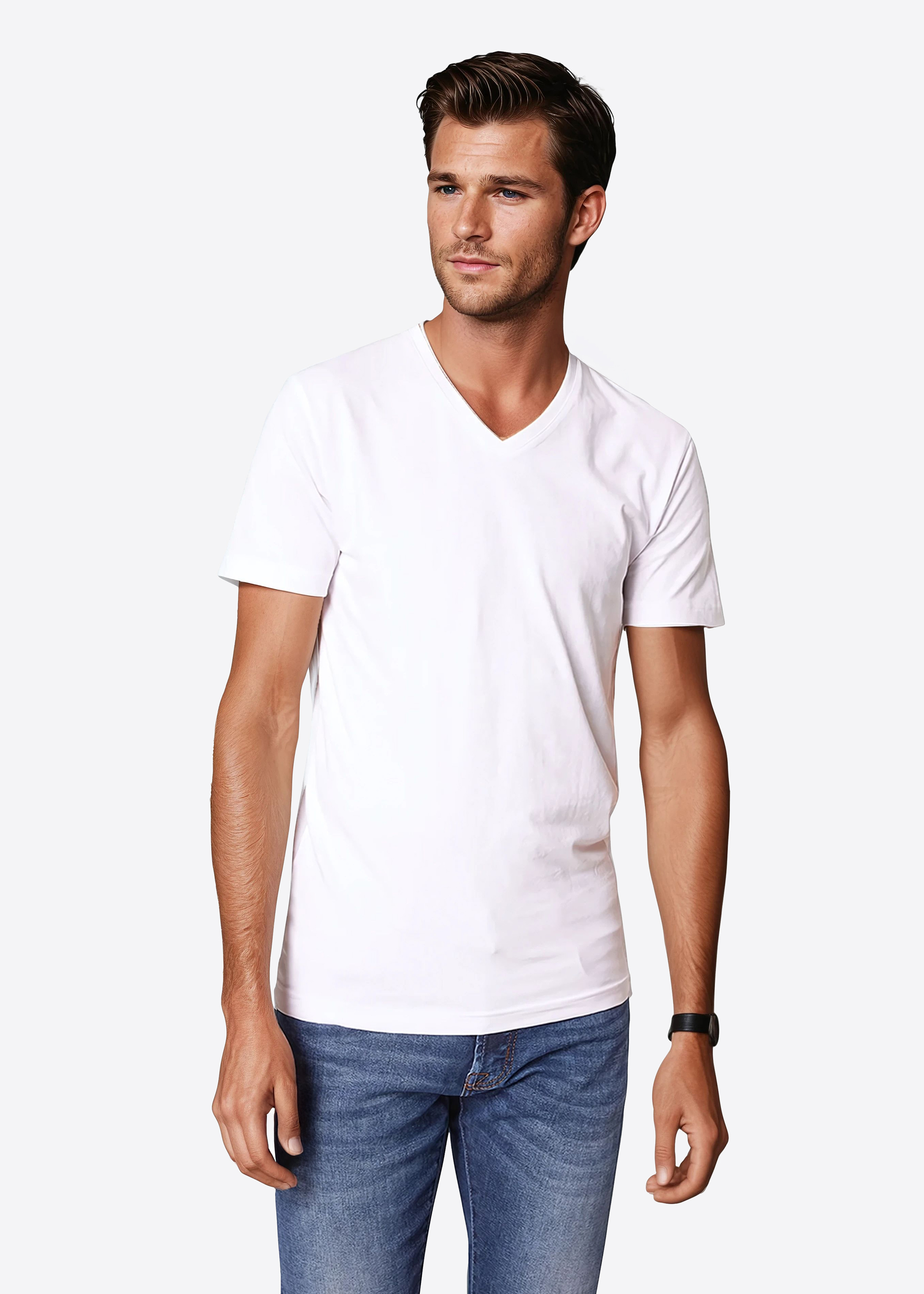 T-Shirt mit V-Ausschnitt, weiß Frontansicht