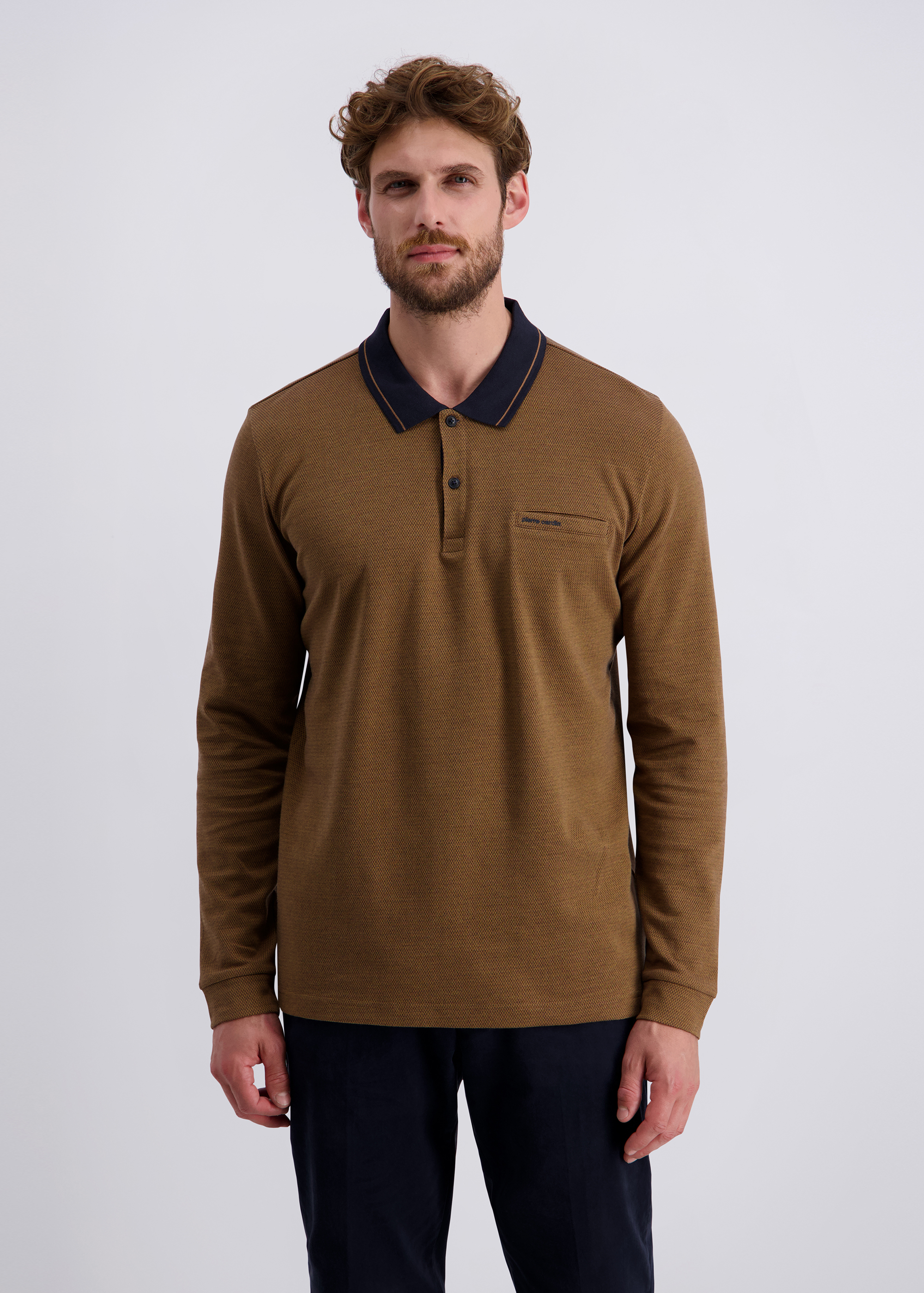 Langarm Polo-Shirt, gemustert, Tabacco Brown Frontansicht