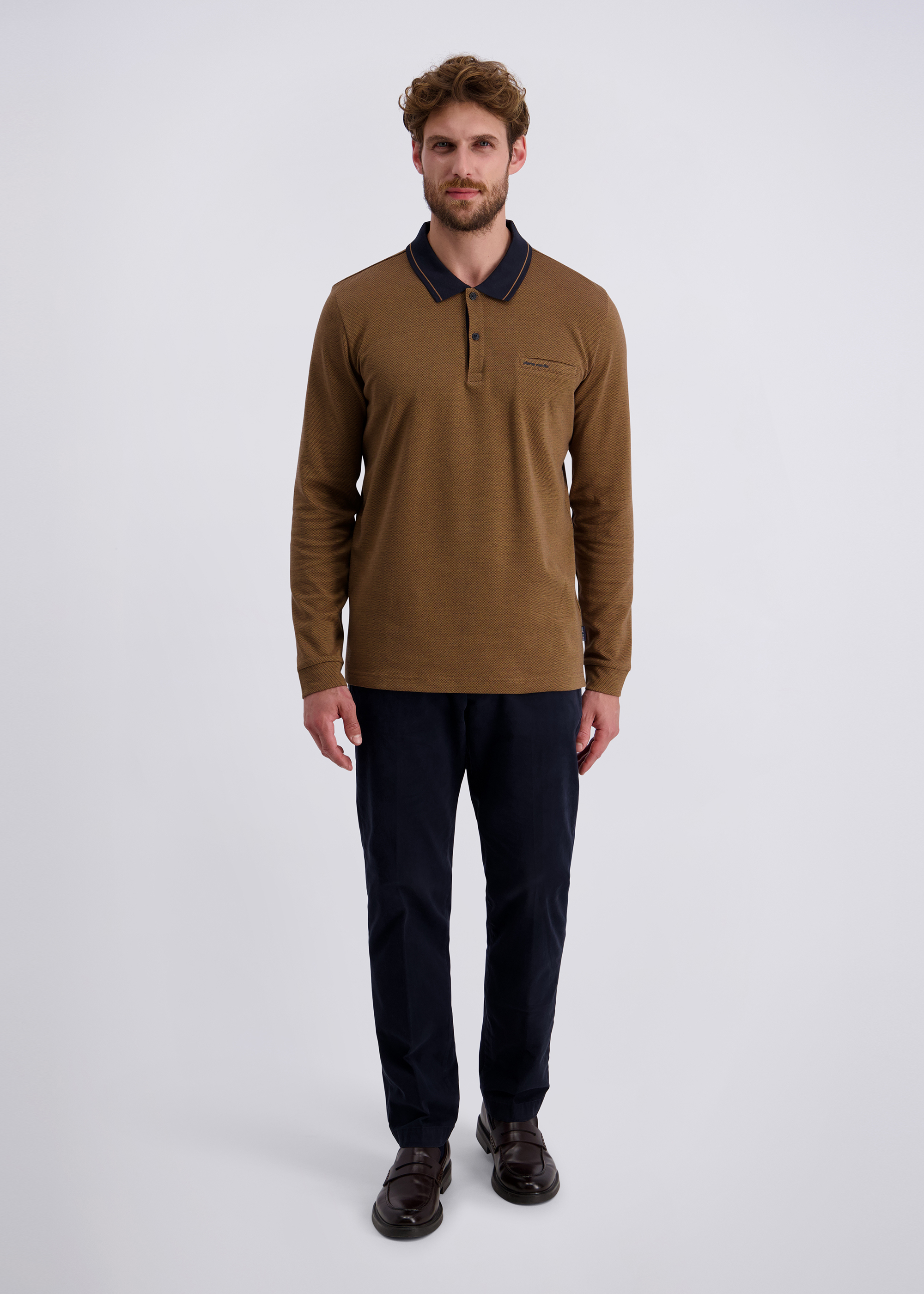 Langarm Polo-Shirt, gemustert, Tabacco Brown Rückansicht
