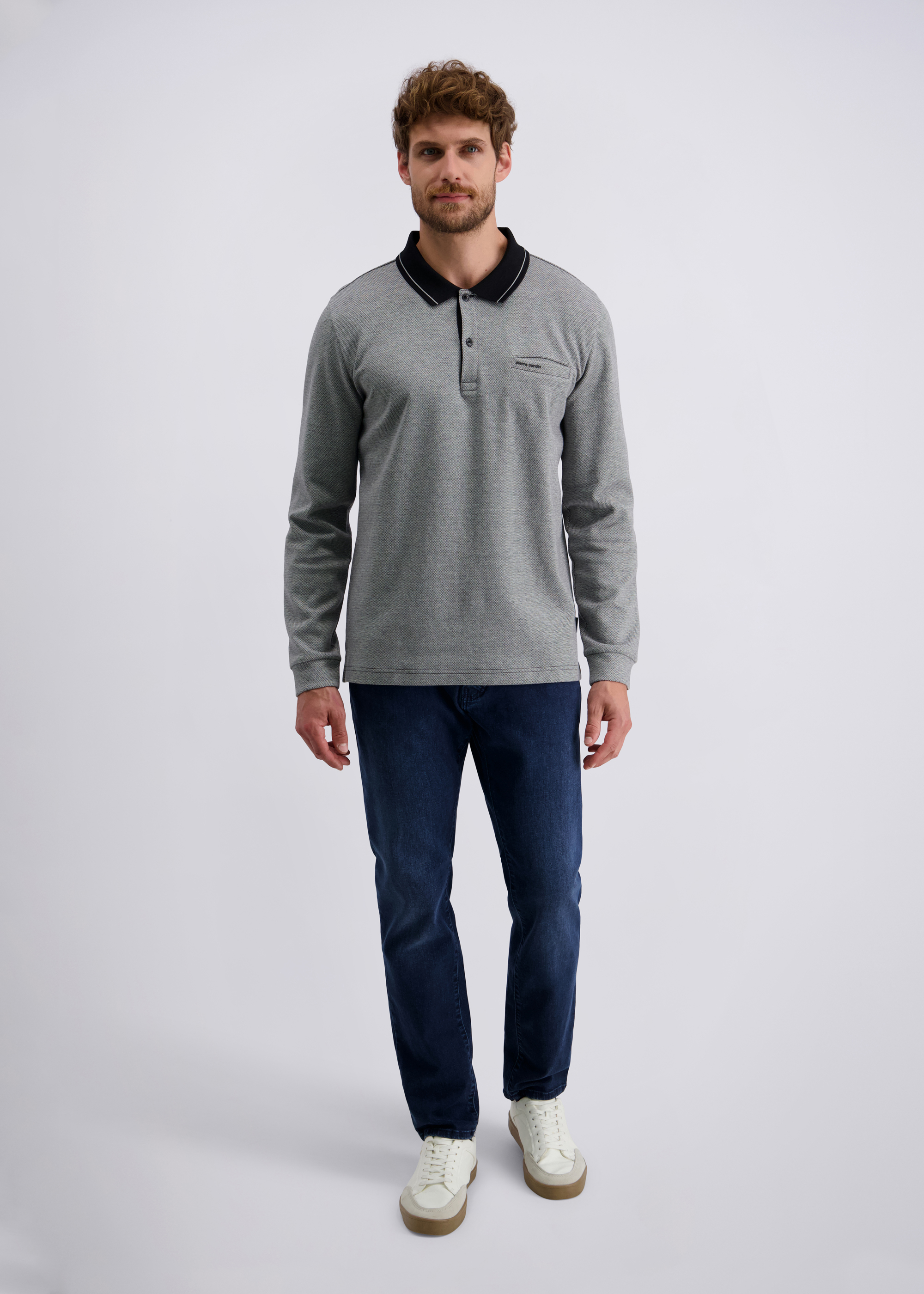 Langarm Polo-Shirt, gemustert, Schwarz Rückansicht