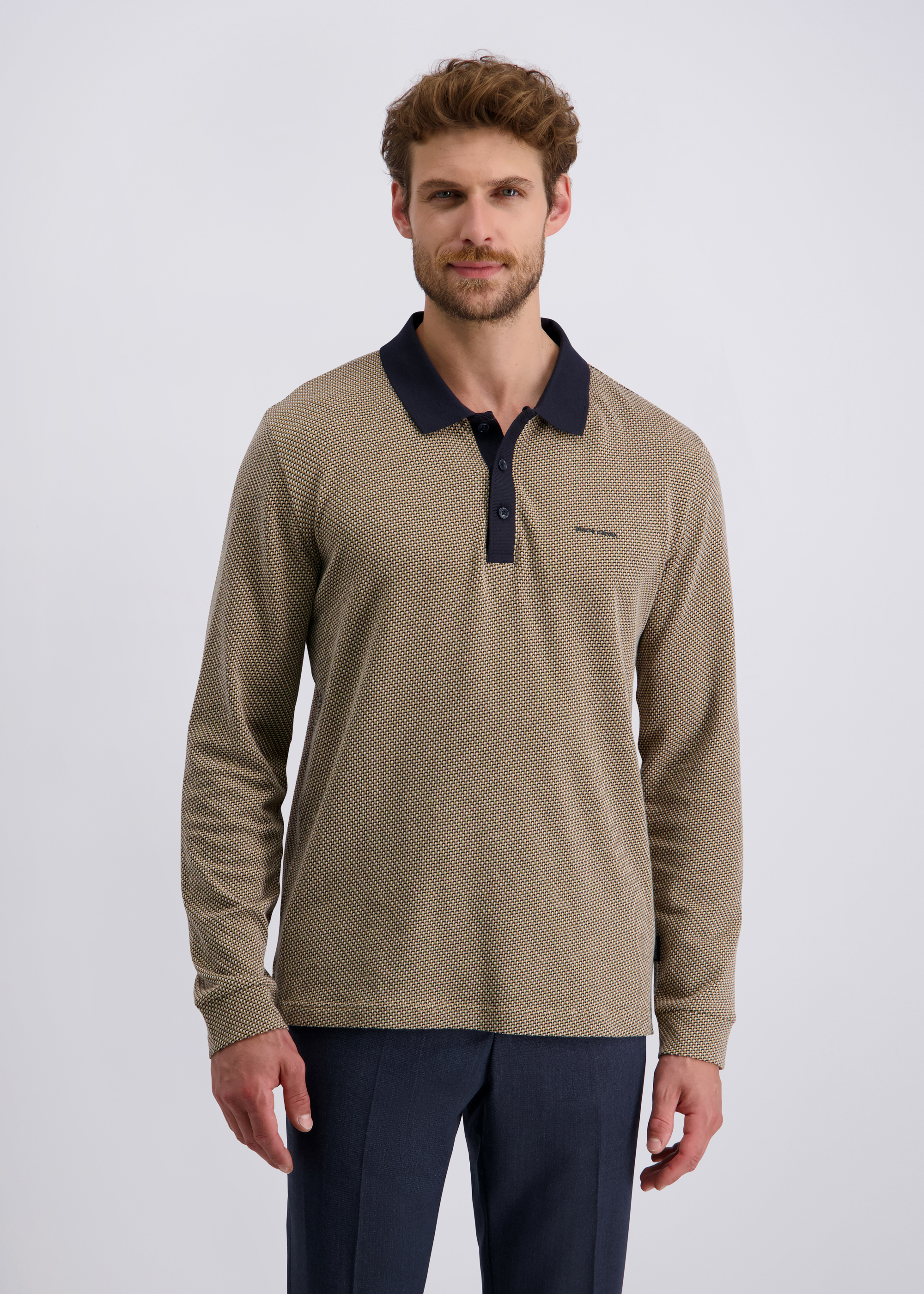 Langarm Poloshirt mit mehrfarbigem Jacquard, Lark Frontansicht