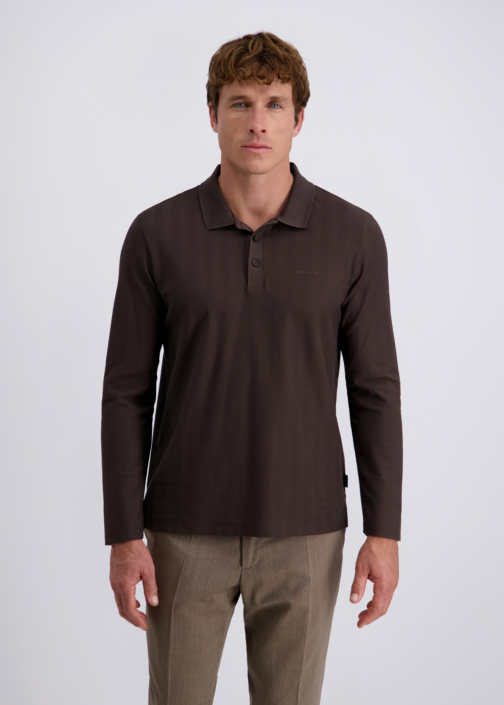 Langarm Polo-Shirt, uni strukturiert, Mulch Frontansicht