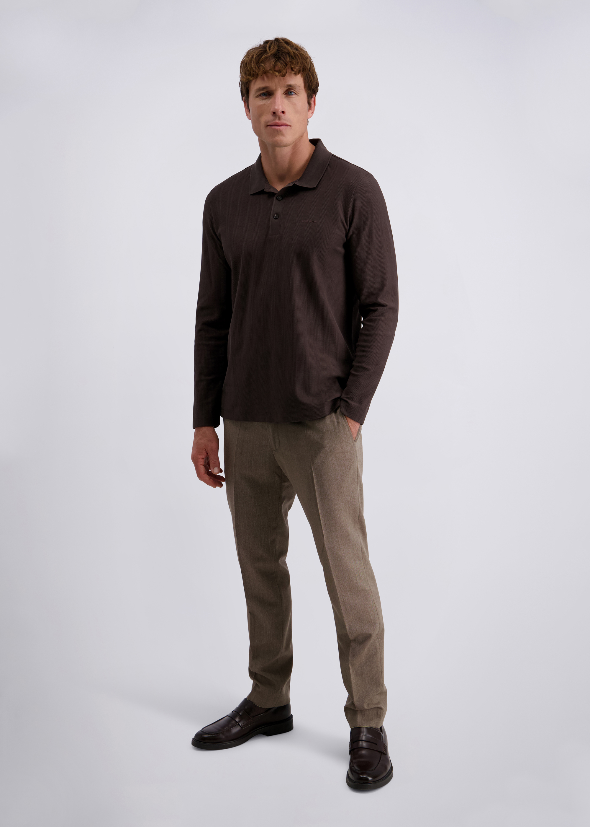 Langarm Polo-Shirt, uni strukturiert, Mulch Rückansicht