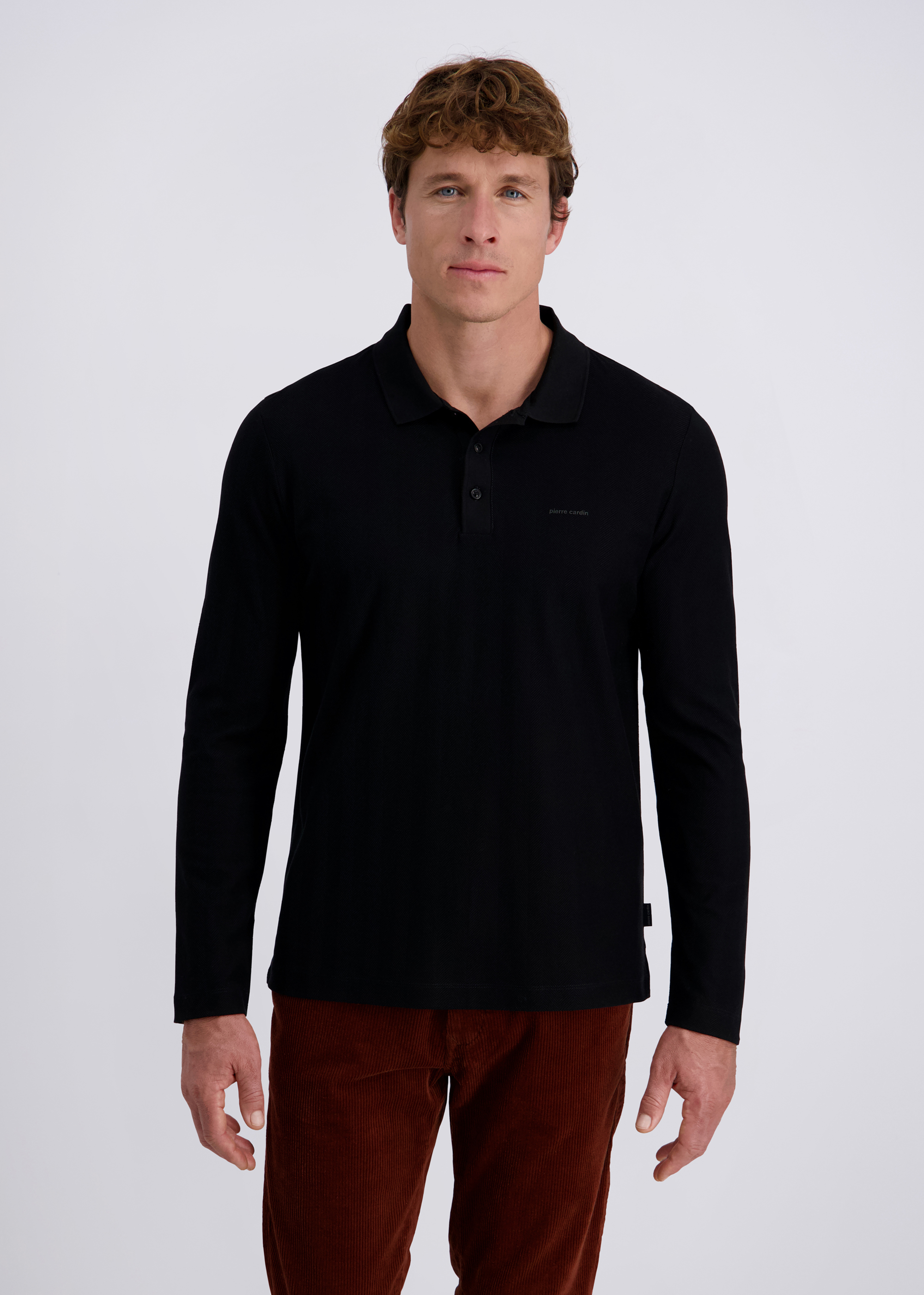 Langarm Polo-Shirt, uni strukturiert, Schwarz Frontansicht