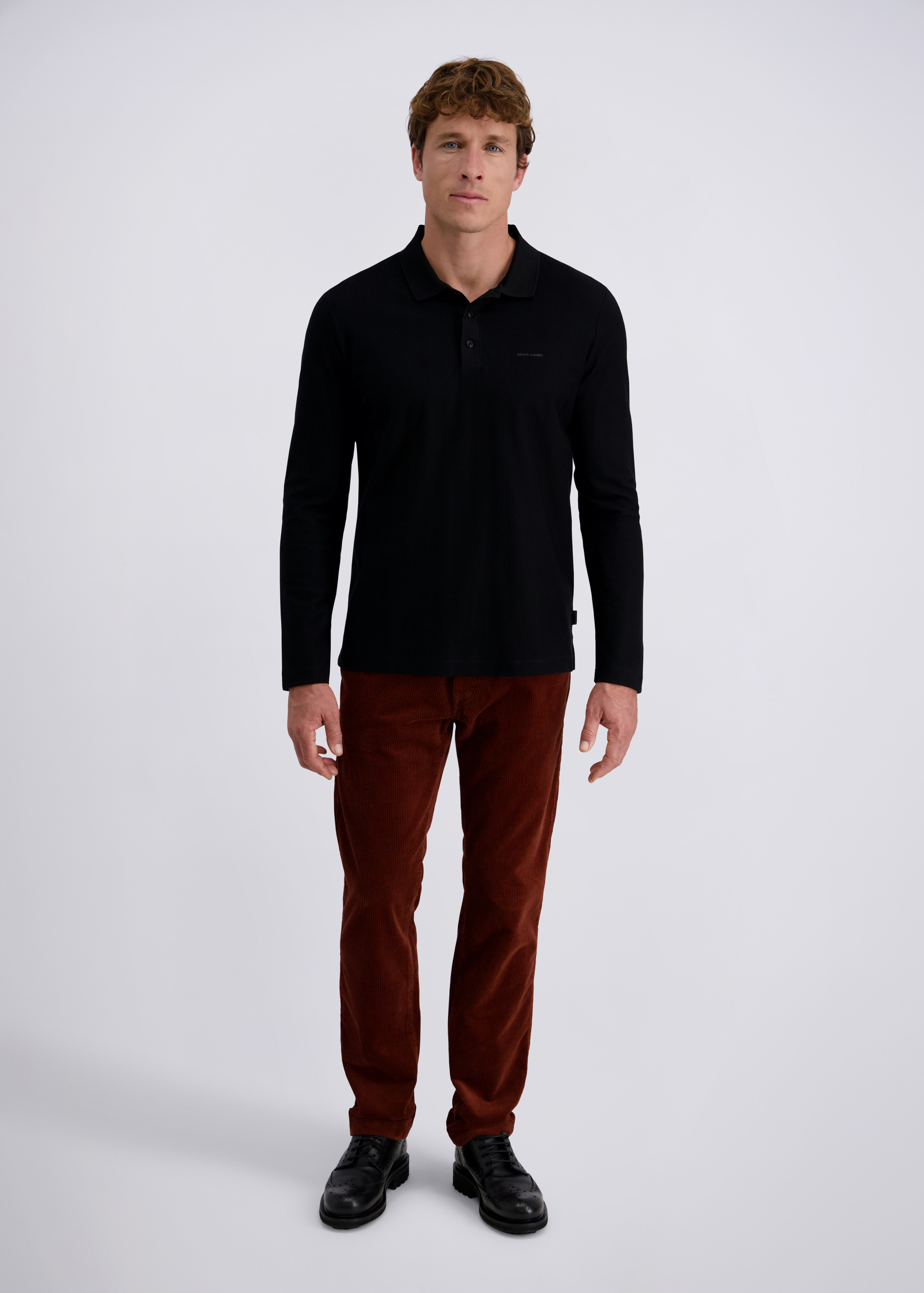 Langarm Polo-Shirt, uni strukturiert, Schwarz Rückansicht