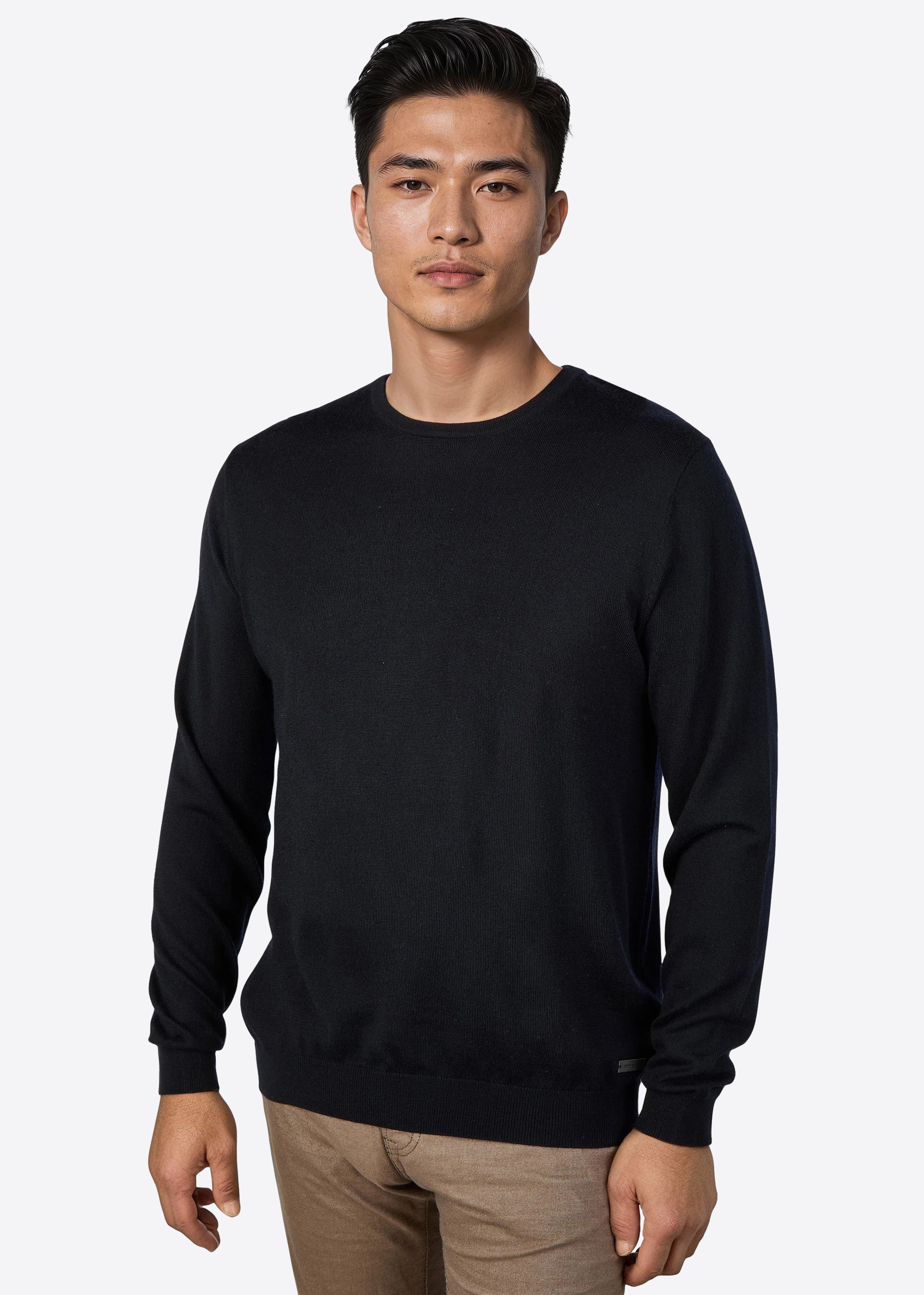 Feinstrickpulllover mit klassischem Rundhals, Marine Frontansicht