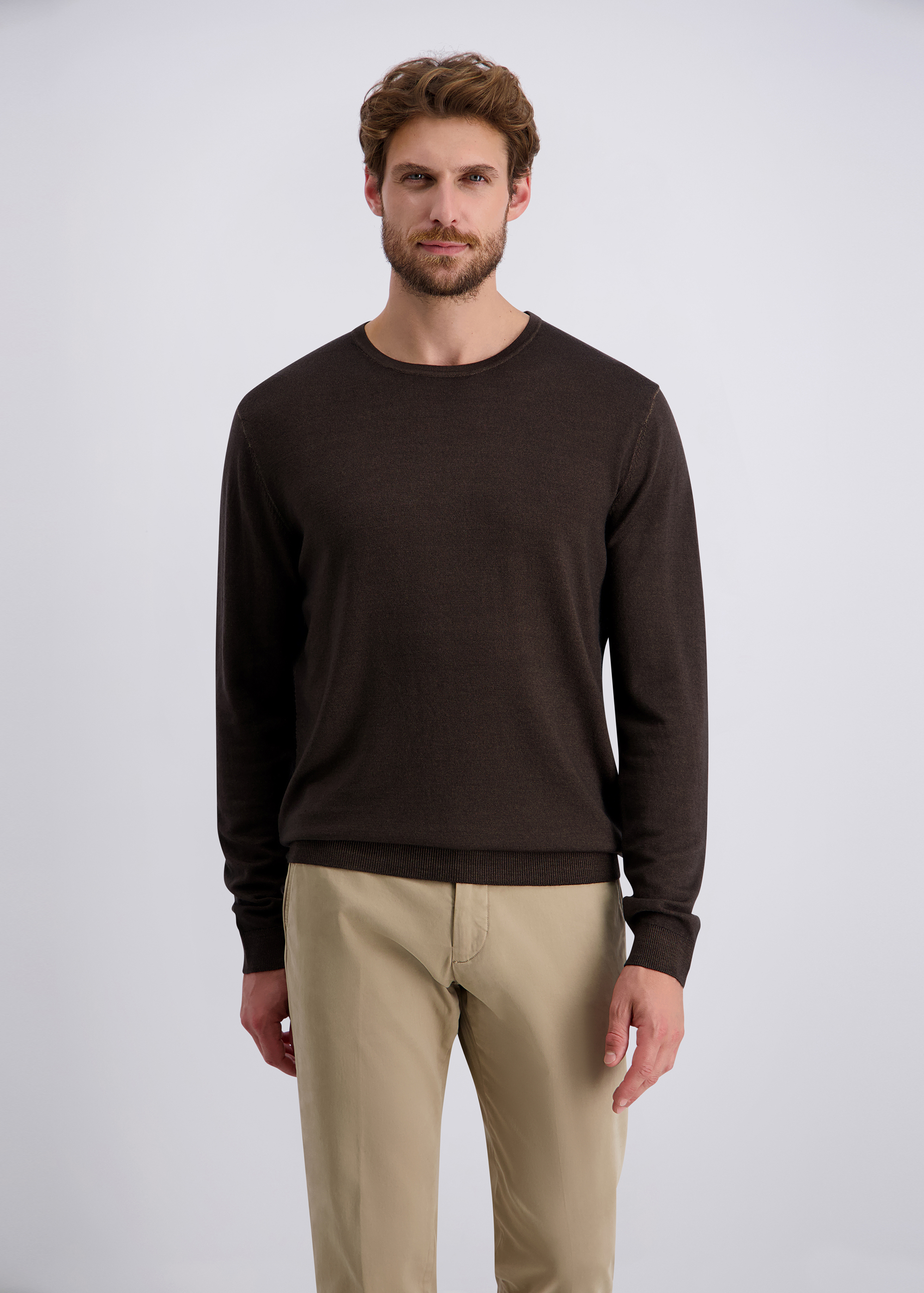 Feinstrickpulllover mit klassischem Rundhals, Mulch Frontansicht