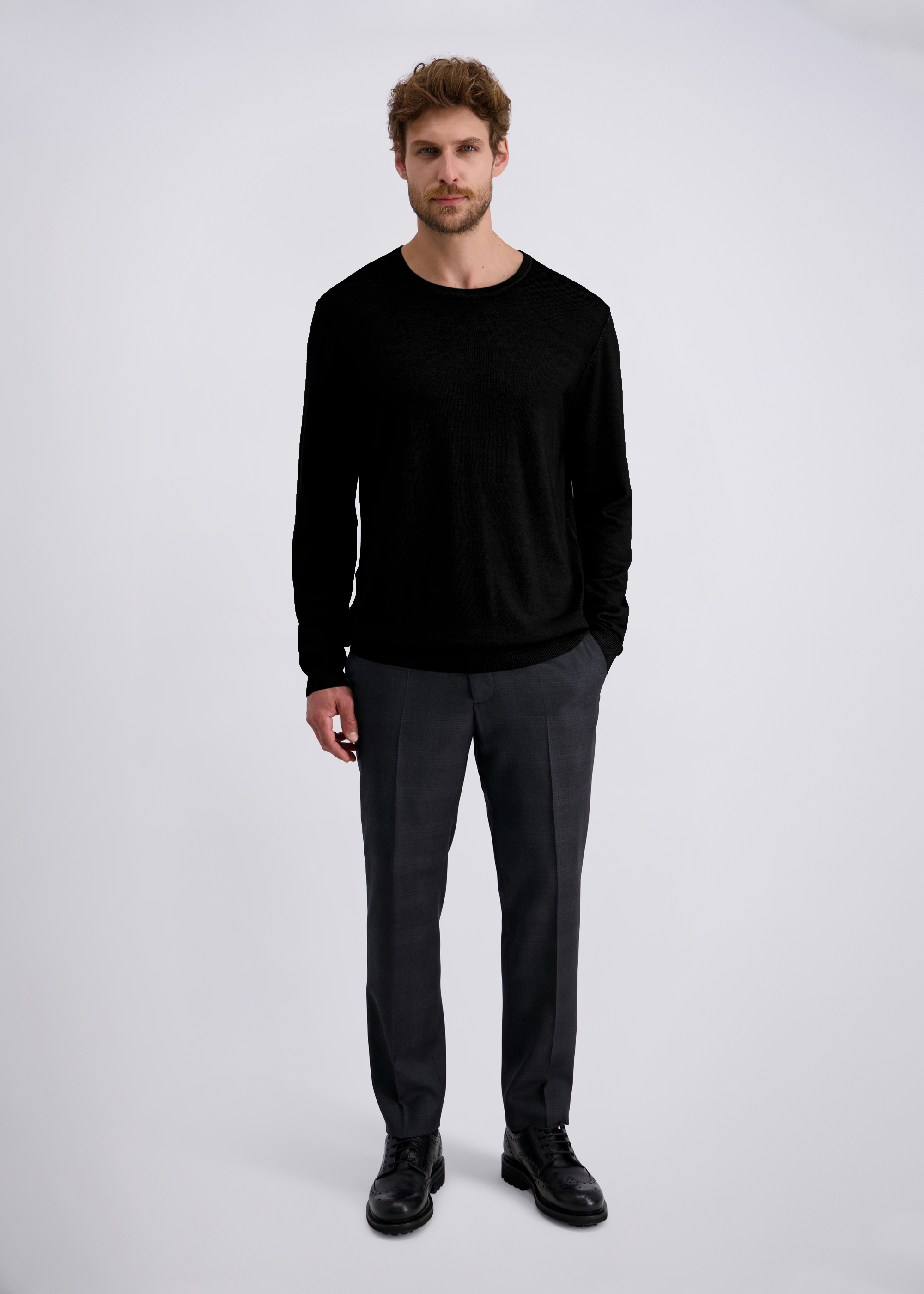 Feinstrickpulllover mit klassischem Rundhals, Schwarz Rückansicht