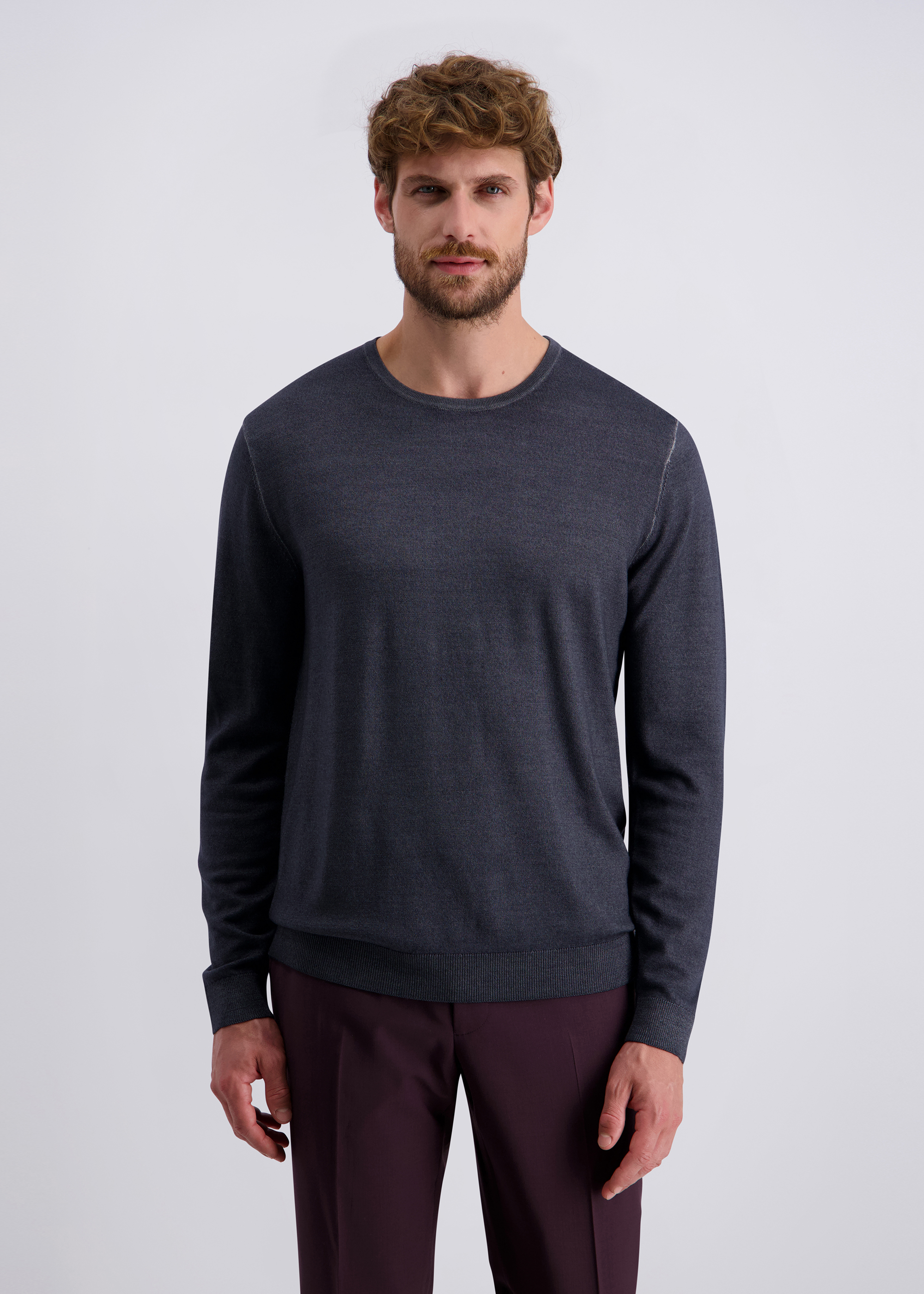 Feinstrickpulllover mit klassischem Rundhals, Anthra Frontansicht