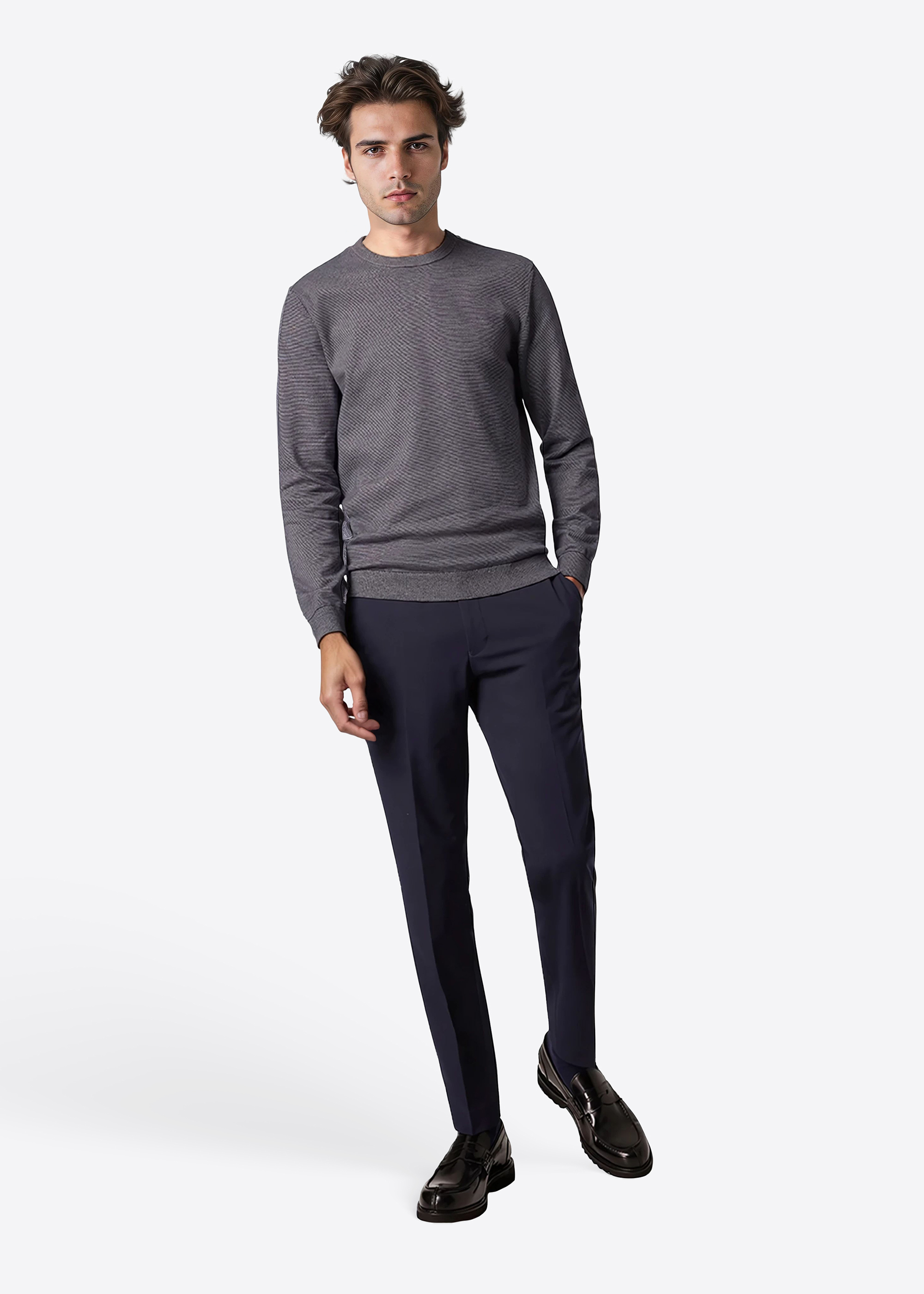 Langarm Pullover mit Rundhalsausschnitt, Granite Gray Frontansicht