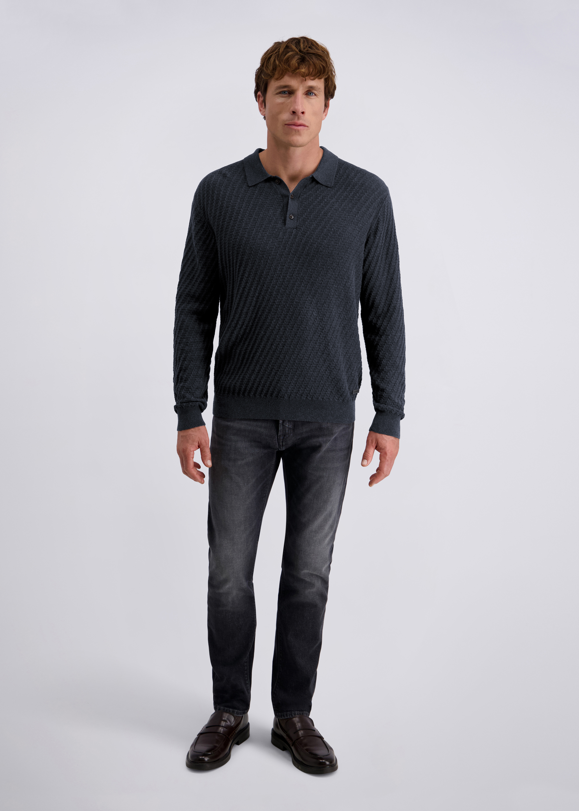 Langarm Strick-Polo mit Strukturmuster, uni, Salute Rückansicht