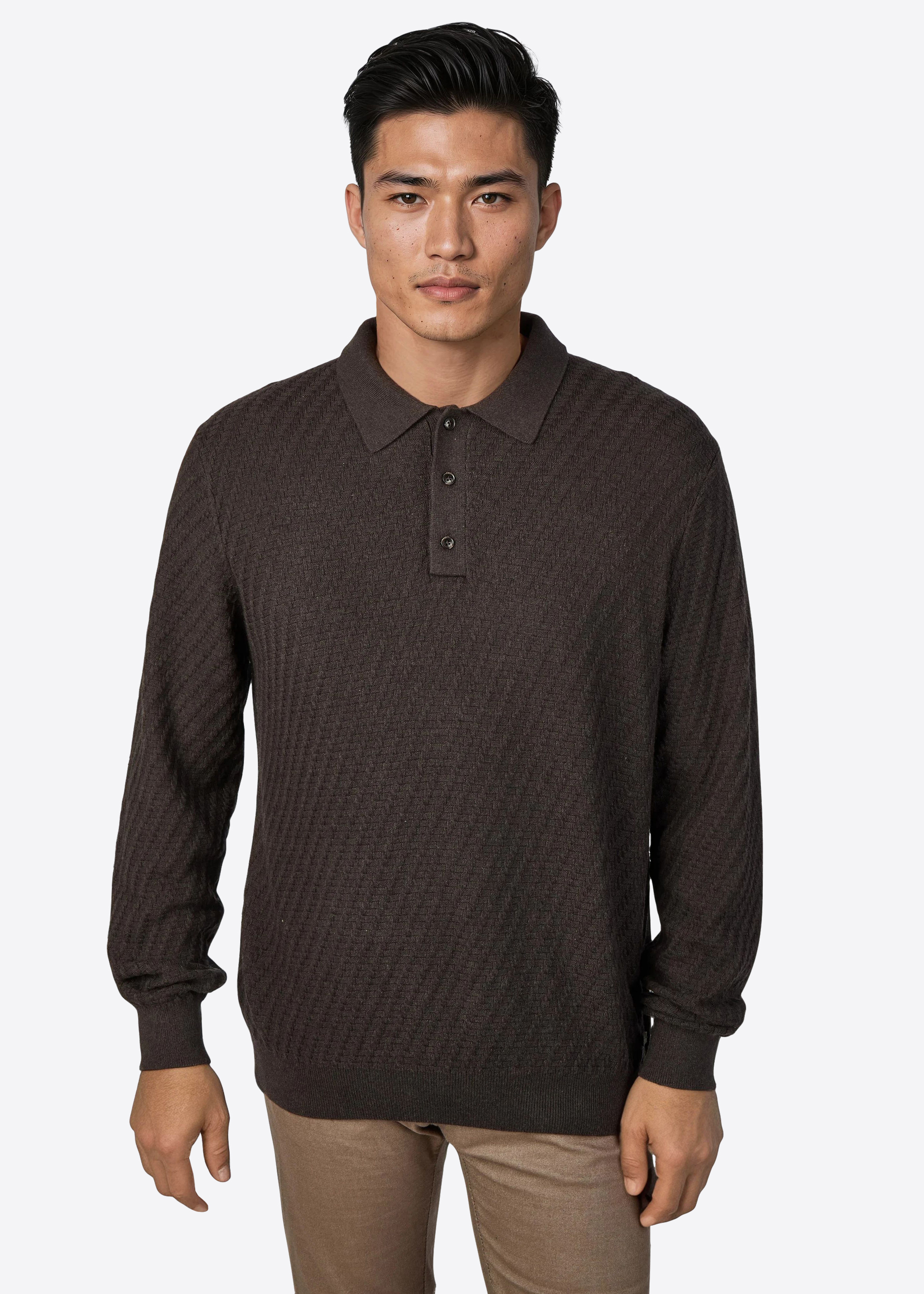 Langarm Strick-Polo mit Strukturmuster, uni, Mulch Frontansicht