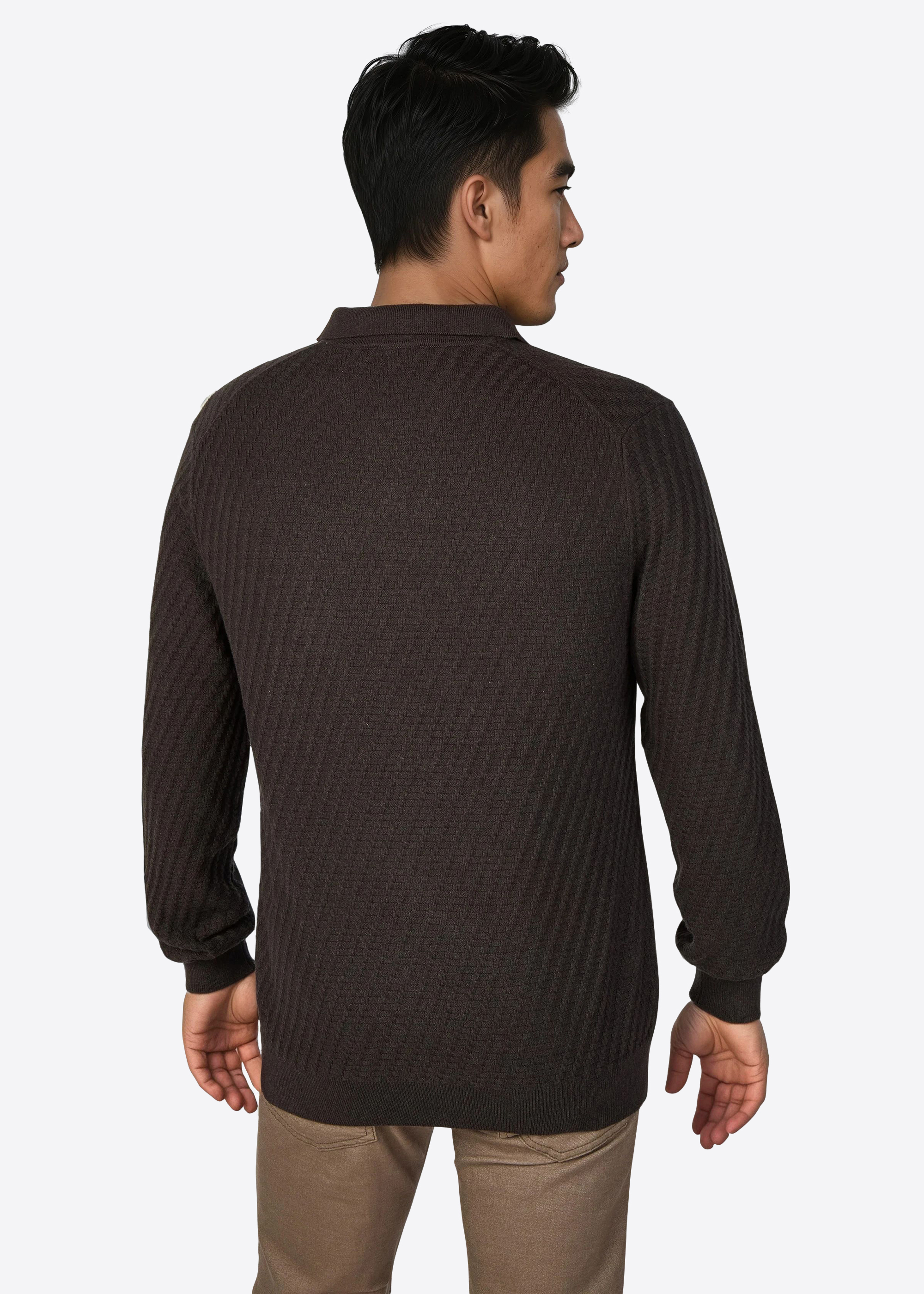 Langarm Strick-Polo mit Strukturmuster, uni, Mulch Detailansicht 2