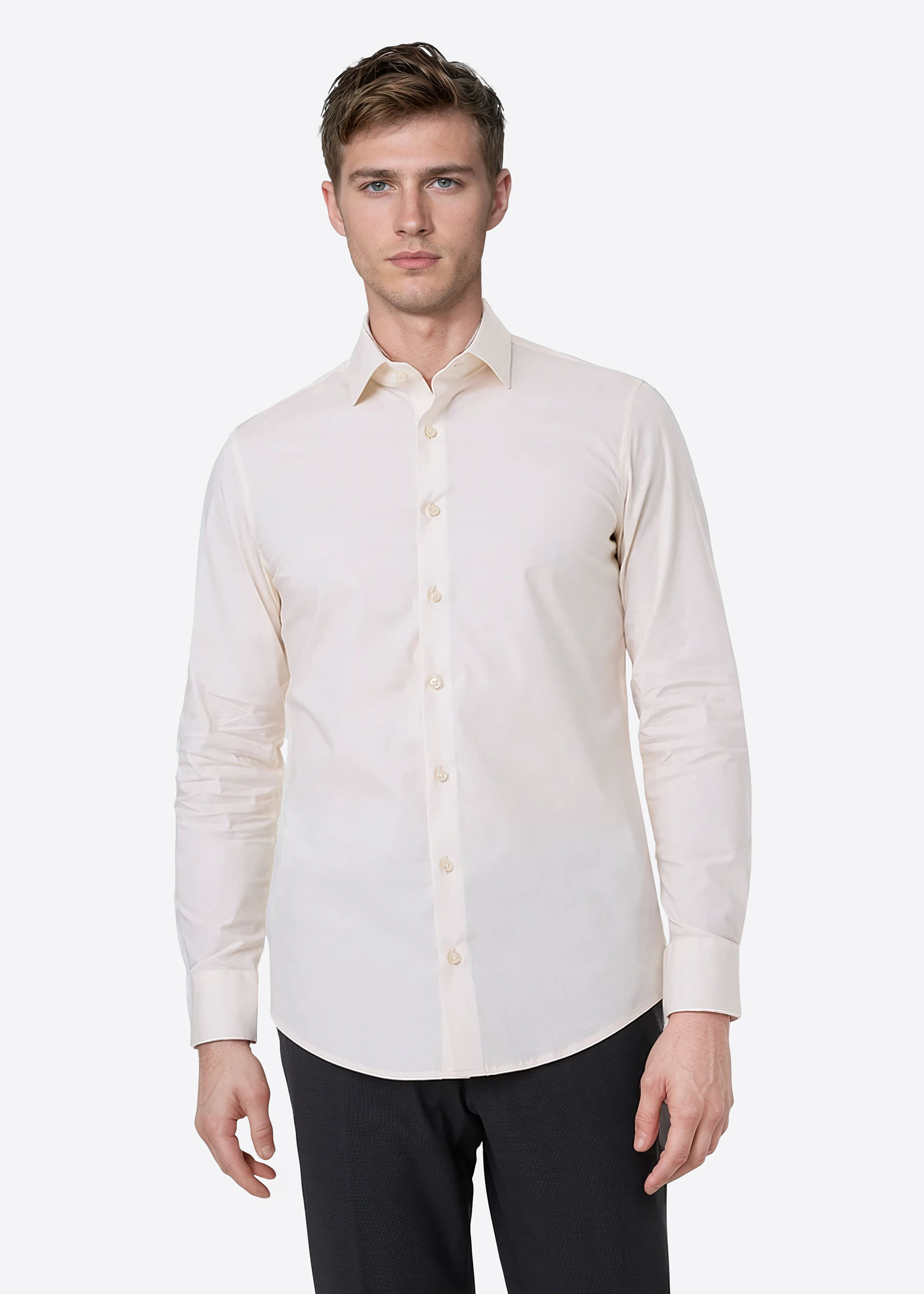 Businesshemd mit klassischem Kragen, slim fit, Perlweiss Frontansicht