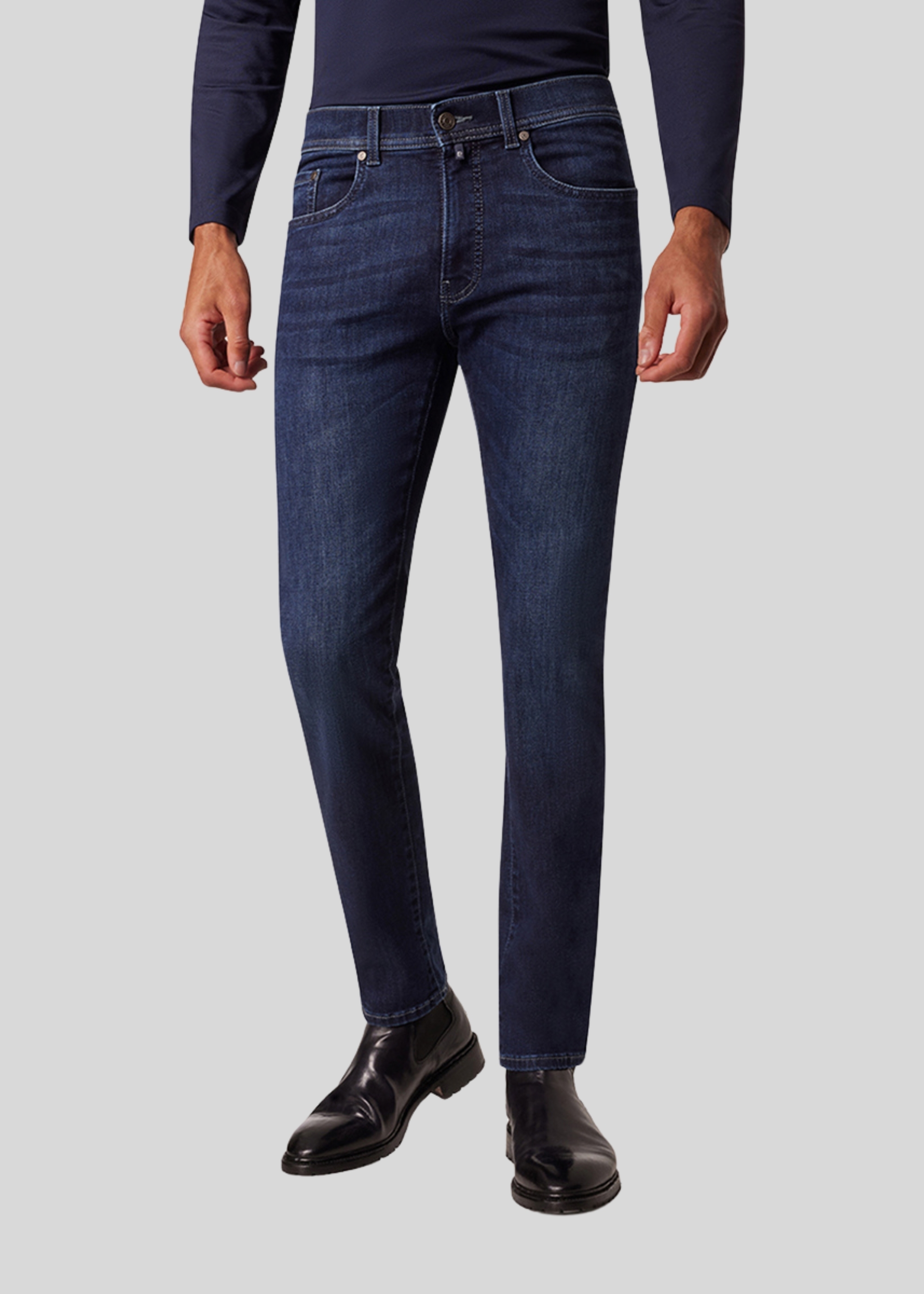 Lyon Tapered Fit Jeans Futureflex, dark blue used mustache Frontansicht