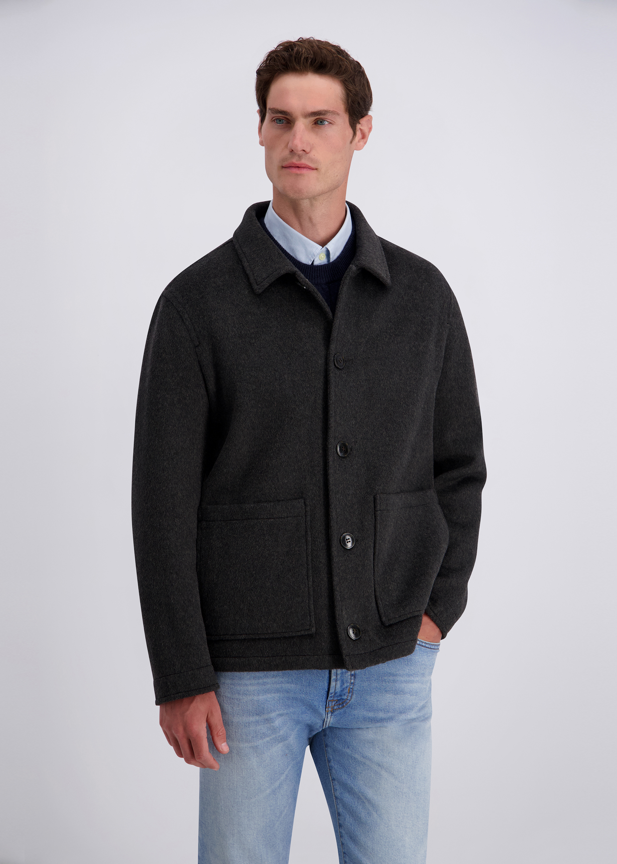 Knit Wool-Blend Overshirt Jacket, Asphalt Frontansicht